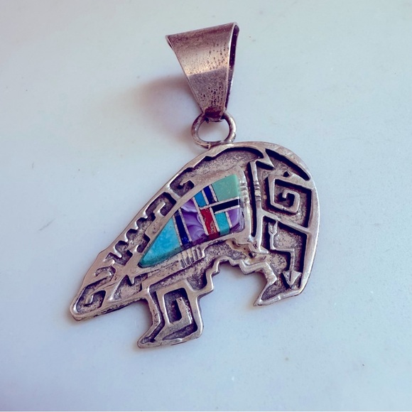 NWT Handmade Native Wilson Dawes Sterling Silver Muliti Stone Inlay Bear - Picture 1 of 5